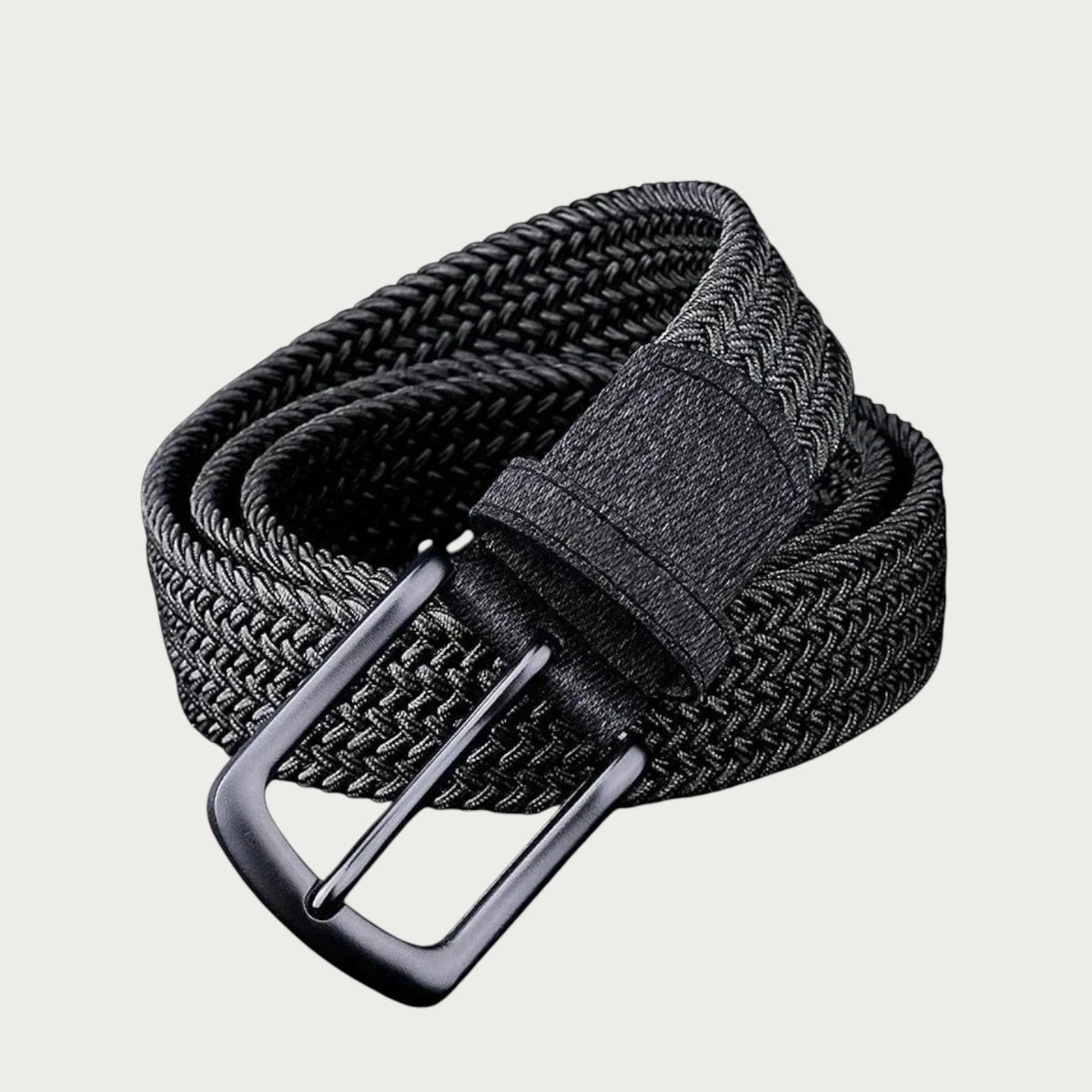 Ceinture tressée élastique noire pour homme de la marque Ceintura, style décontracté avec boucle en métal noir.