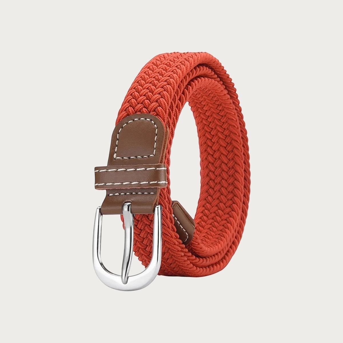 Ceinture tressée élastique rouge Ceintura avec détails en similicuir marron et boucle ardillon argentée