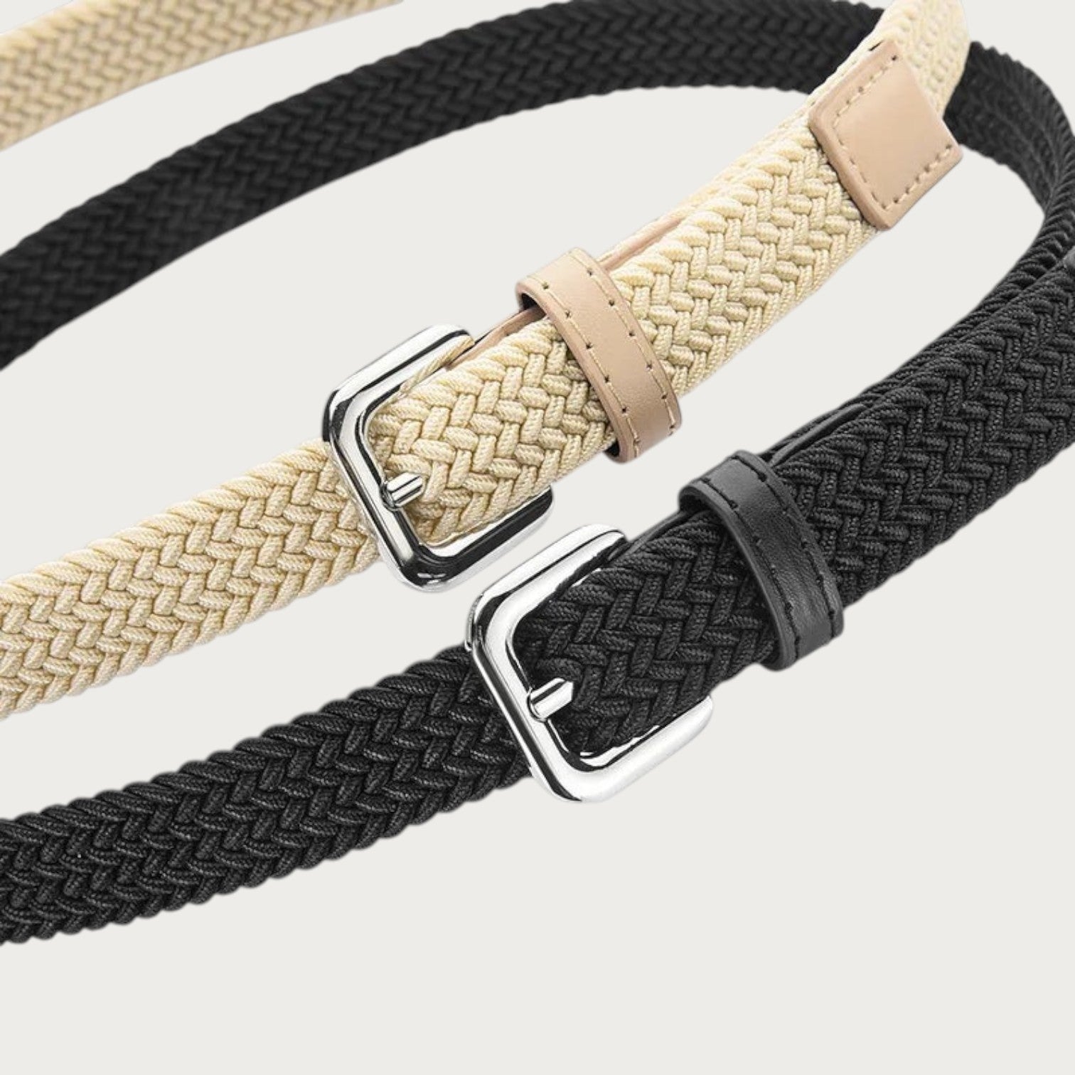 Ceintura ceinture tressée élastique pour femme en noir et beige avec boucle ardillon en métal argenté Image