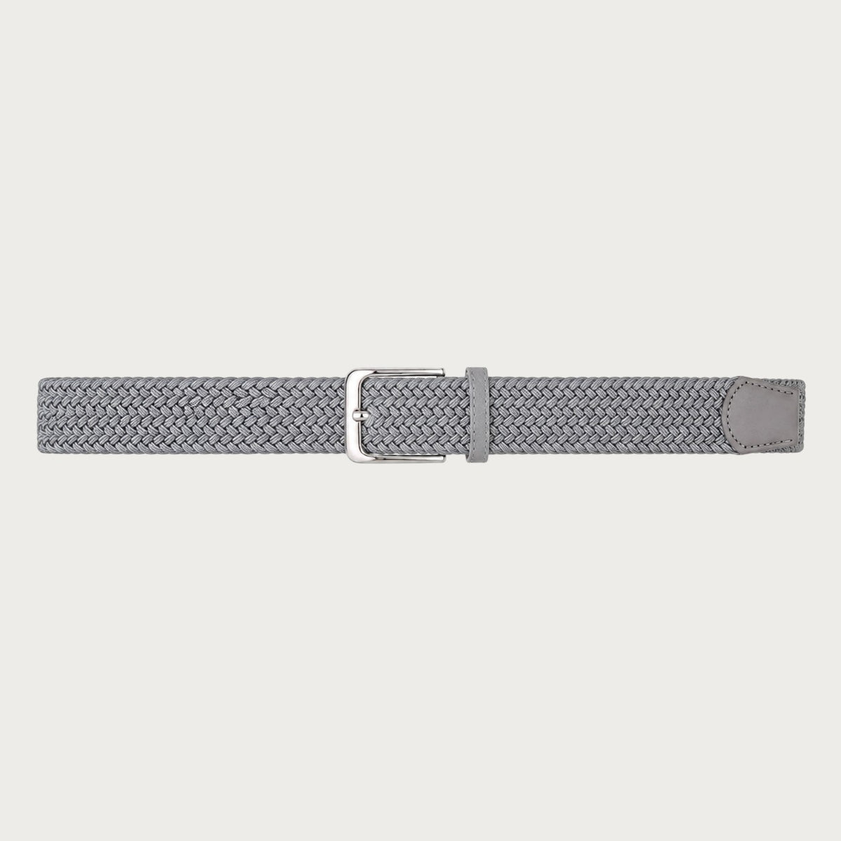 Ceinture tressée Ceintura grise déployée à plat, boucle ardillon argentée au centre et embout gris