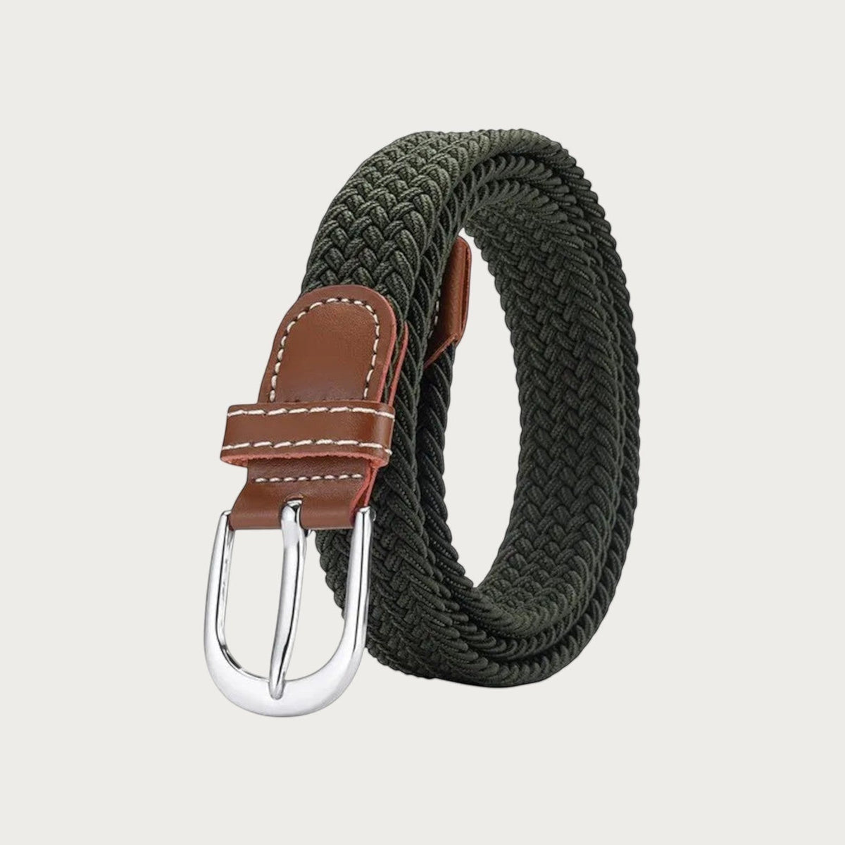Ceinture tressée élastique Ceintura kaki avec détails en cuir marron et boucle argentée classique