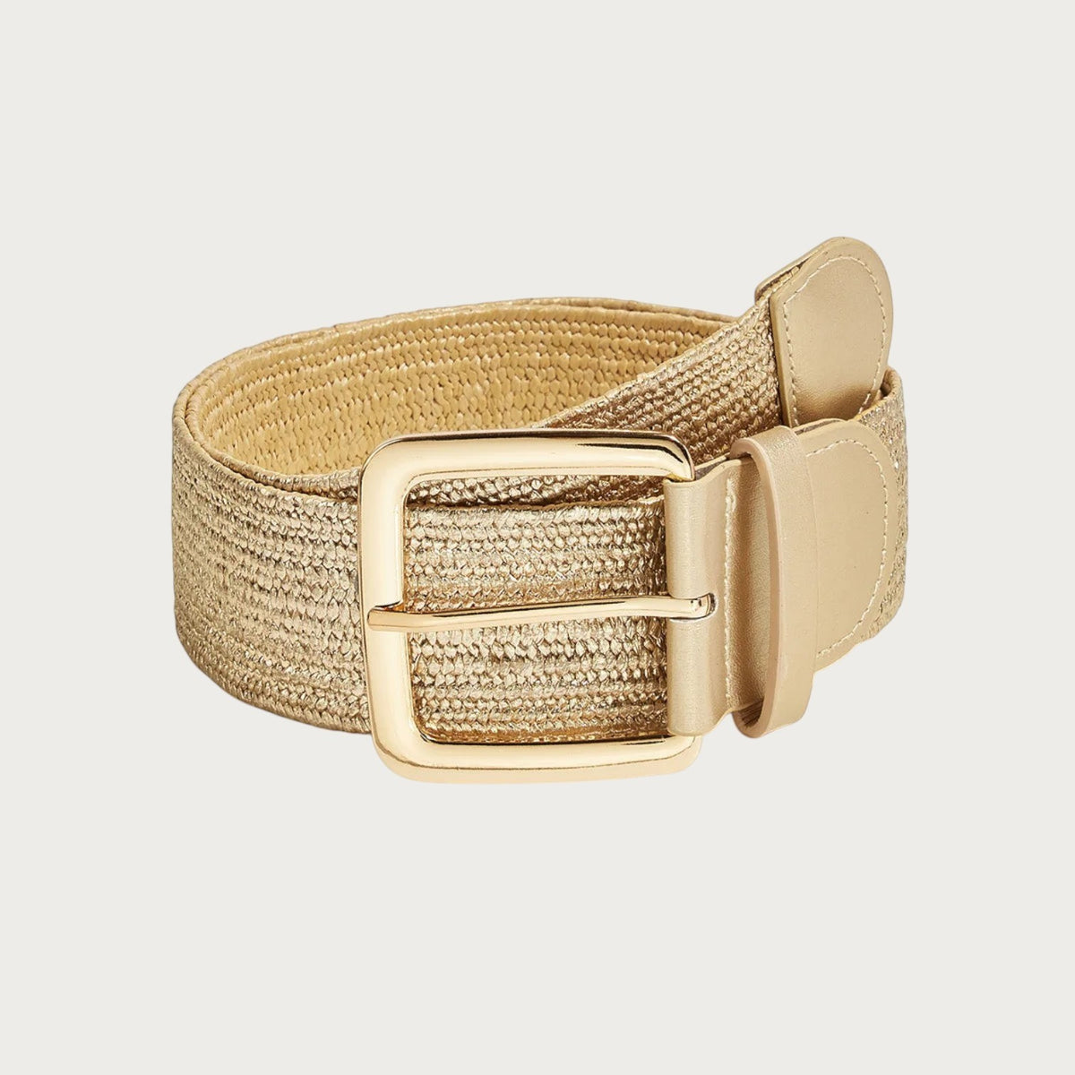 Ceinture large tressée Ceintura Bella repliée, boucle rectangulaire dorée et bande élastique au dos