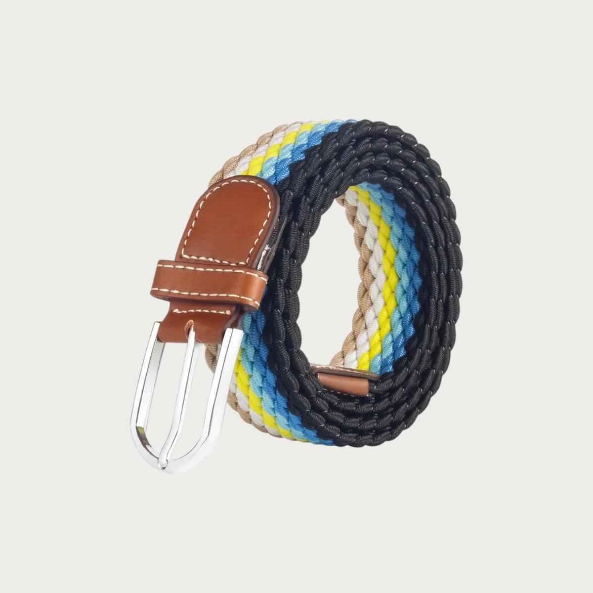 Ceinture homme tressée Ceintura Fabrizio en polyester extensible multicolore avec boucle à ardillon en cuir marron