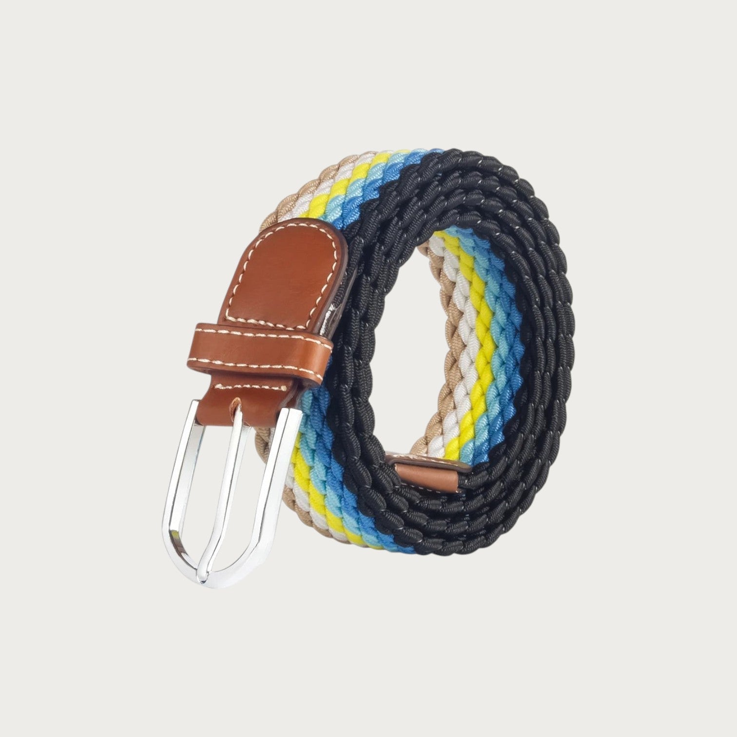 Ceinture homme tressée Ceintura Fabrizio en polyester extensible multicolore avec boucle à ardillon en cuir marron Image