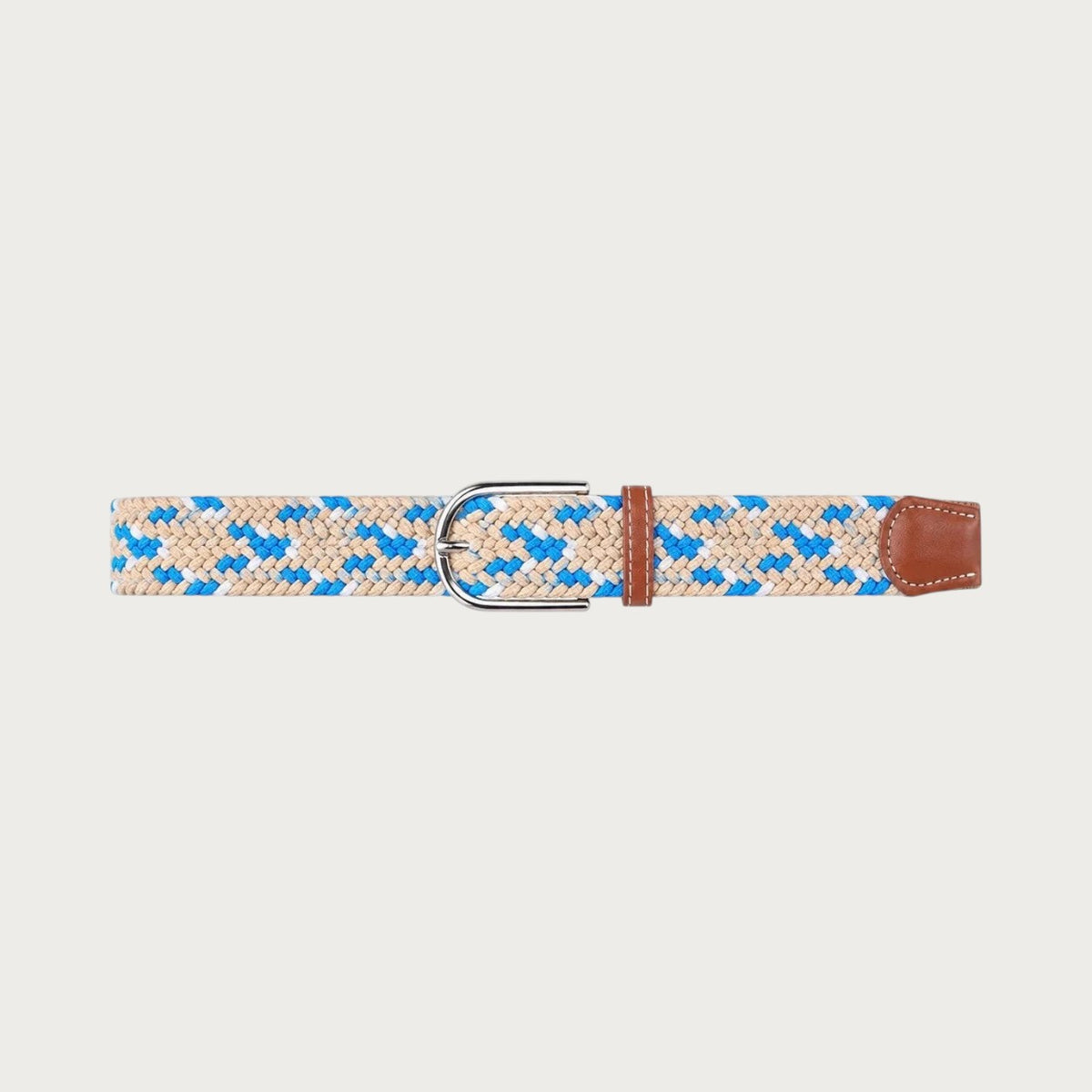 Ceinture tressée Ceintura multicolore en toile élastique beige, bleue et blanche avec boucle à ardillon en métal Image