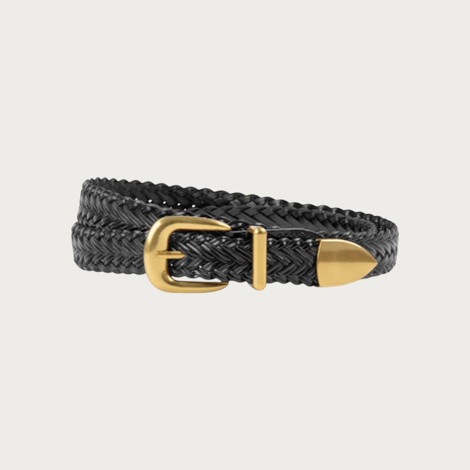 Ceinture tressée noire pour femme Ceintura avec boucle dorée et embout pointu élégant Image