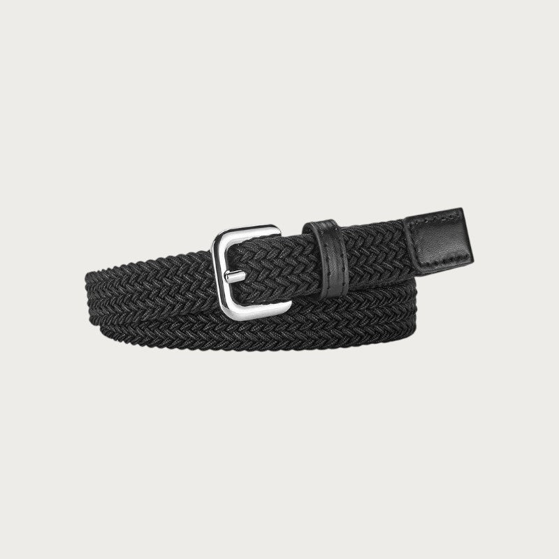 Ceintura ceinture tressée extensible noire pour femme avec boucle ardillon en métal argenté et détails en cuir
