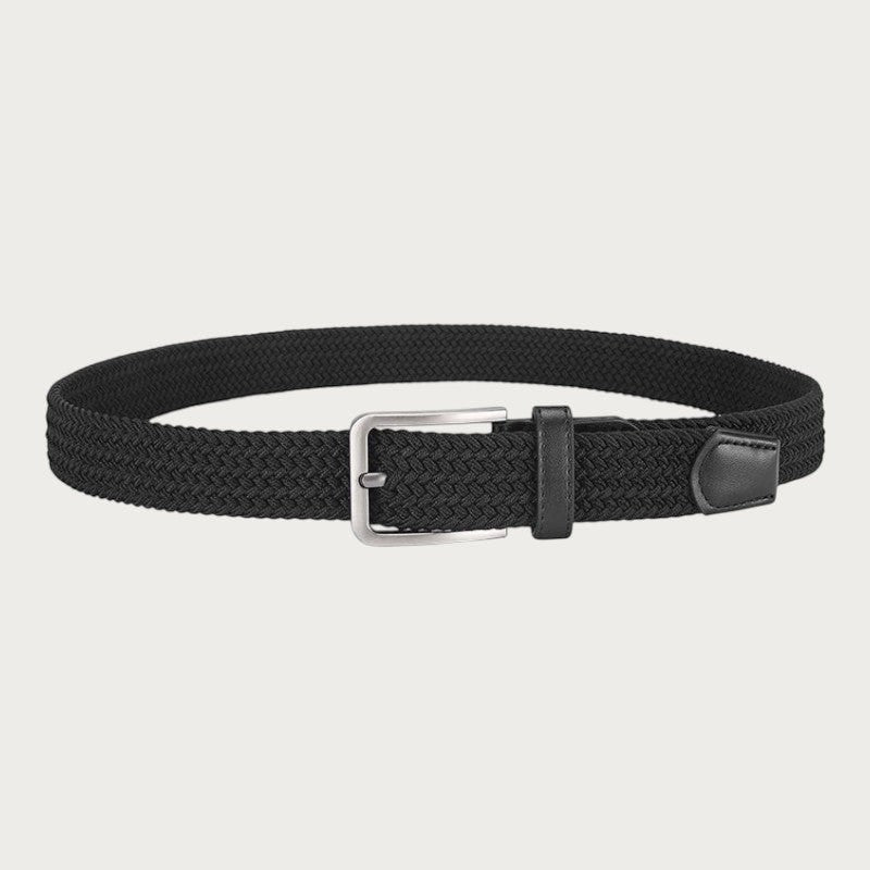 Ceinture tressée élastique noire pour homme avec boucle métallique argentée, style décontracté par Ceintura