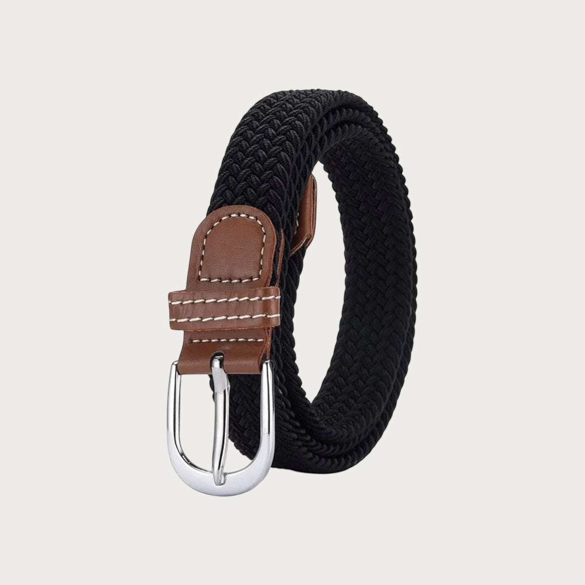 Ceinture tressée élastique noire Ceintura avec détails en cuir marron et boucle ardillon argentée