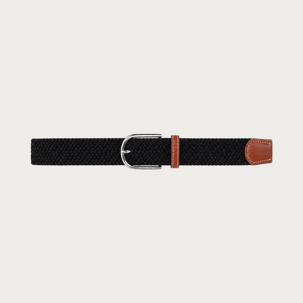 Ceinture tressée noire Ceintura en toile élastique avec boucle ardillon argentée et détails en cuir marron
