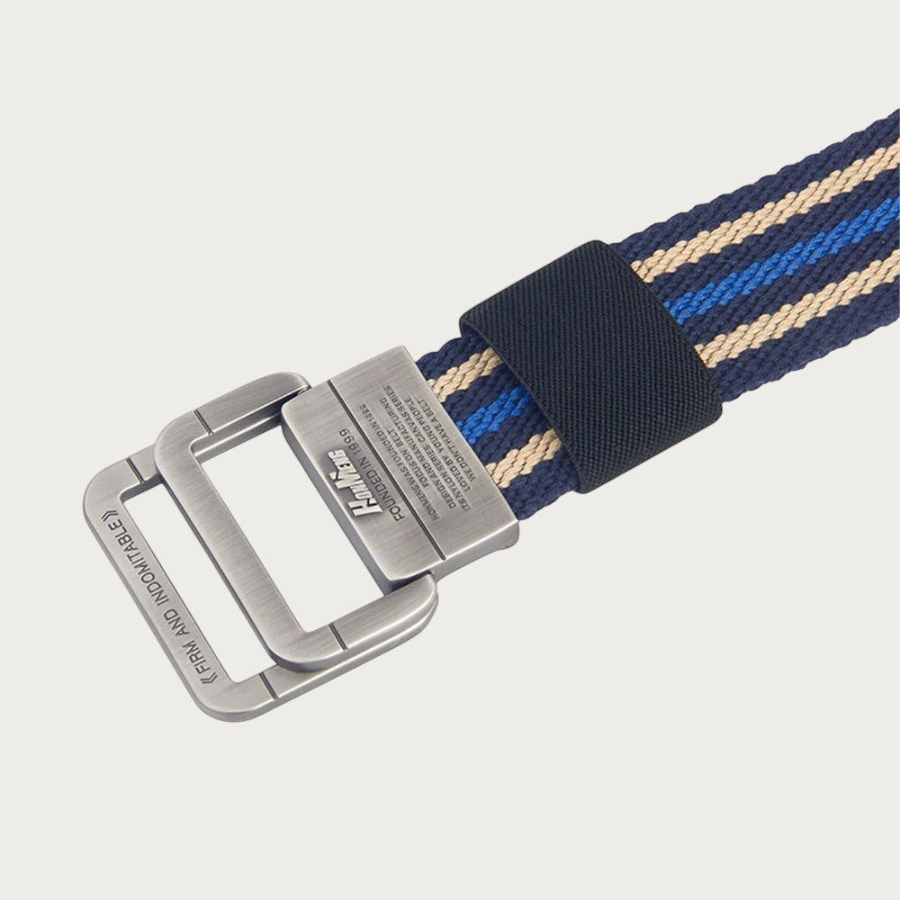 Ceintura ceinture unisexe en polyester tressé rayé bleu et beige avec boucle double anneau en alliage métallique