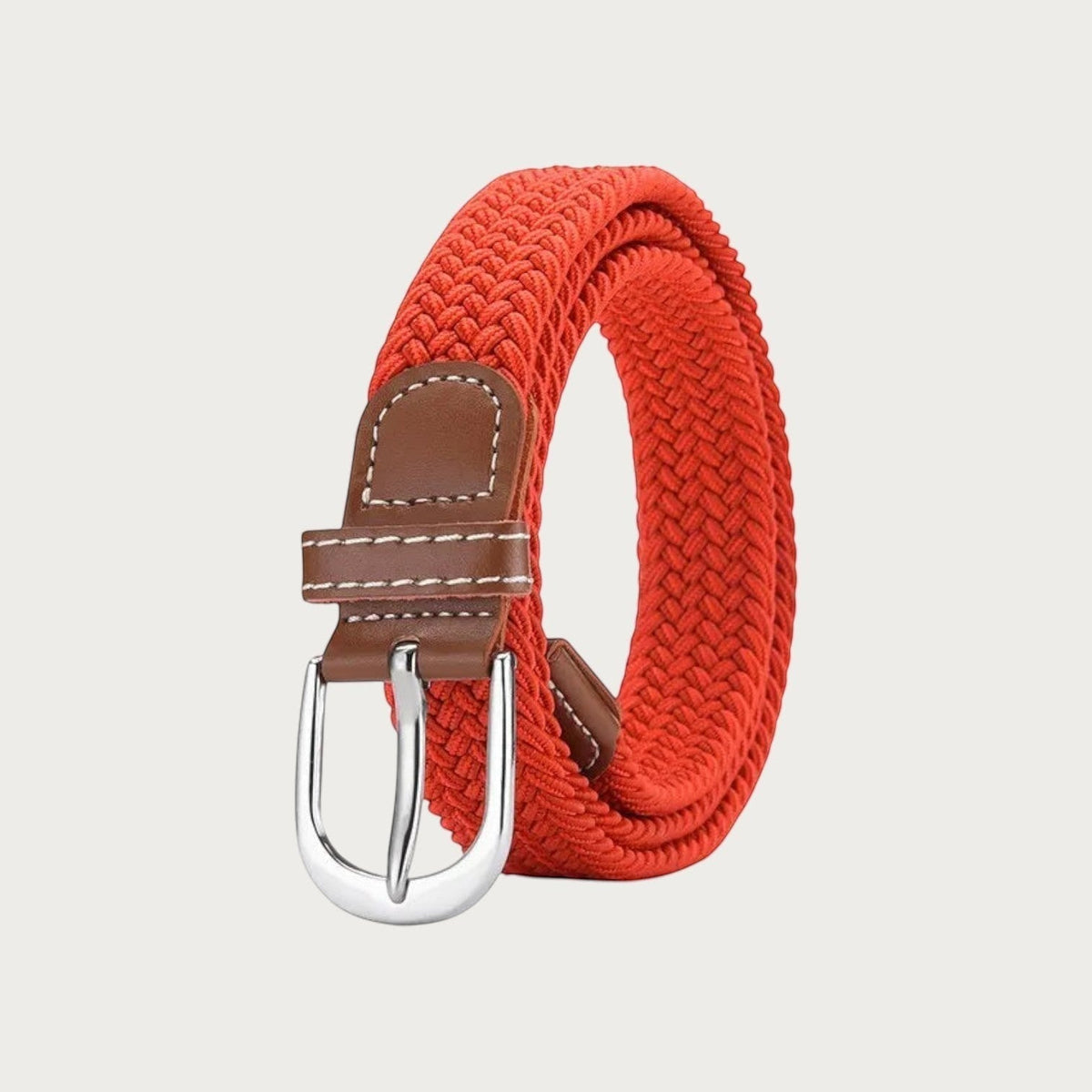 Ceinture tressée élastique rouge Ceintura avec boucle argentée et détails en cuir marron