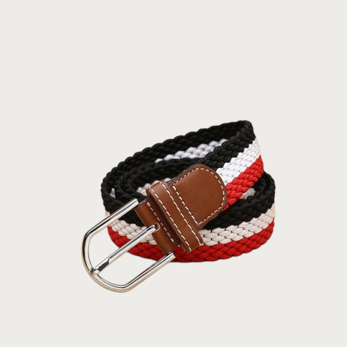Ceinture tressée Ceintura Fabrizio tricolore noir blanc rouge avec boucle ardillon en cuir marron