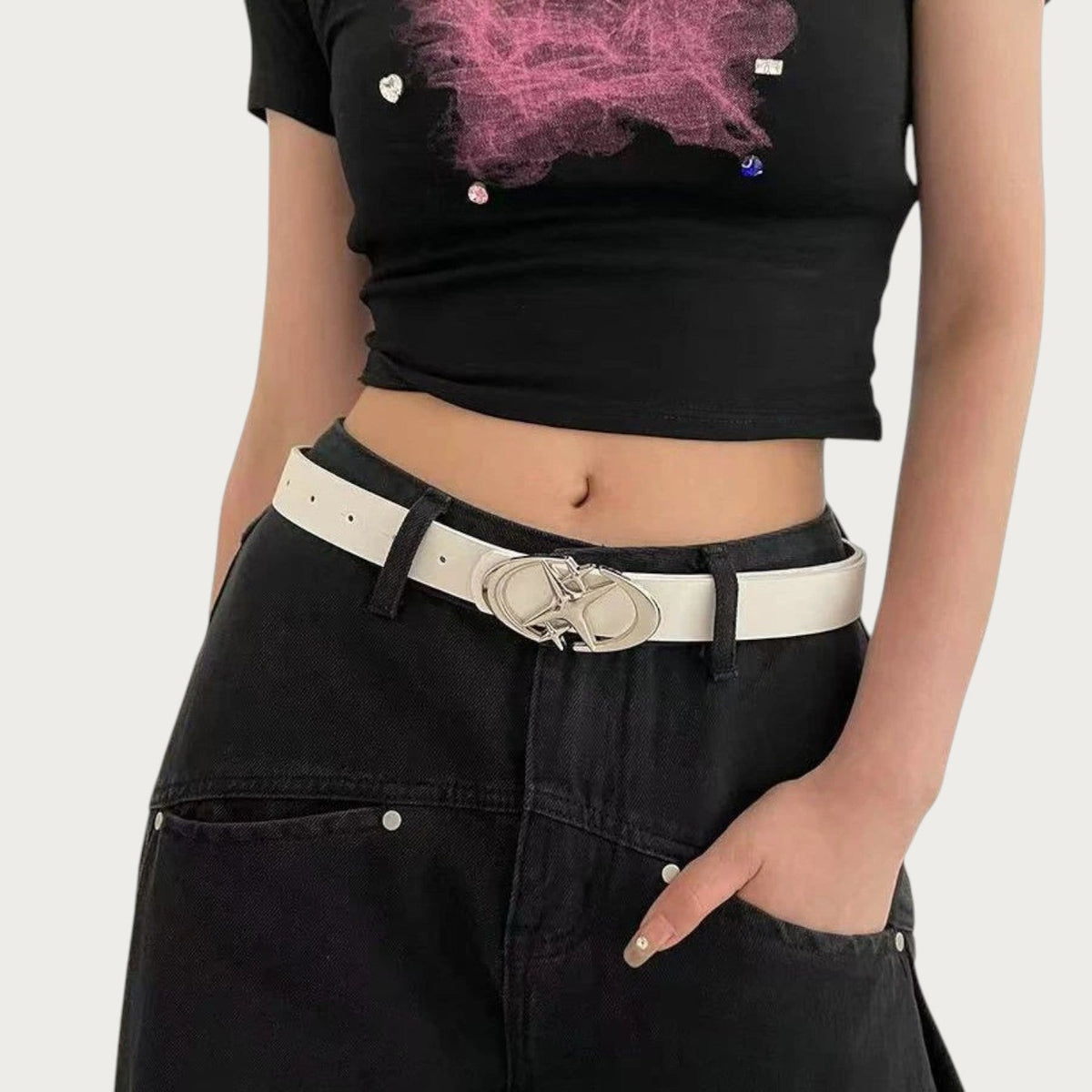 Ceinture Ceintura Varese blanche en similicuir avec boucle ovale argentée ornée d'une étoile style Y2K