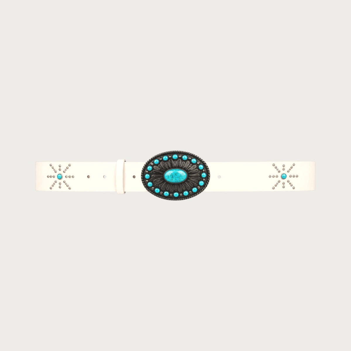Ceinture Ceintura Bianca en similicuir blanc avec boucle ovale western ornée de pierres turquoise et clous dorés