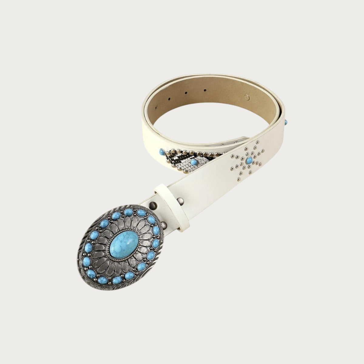 Ceinture Ceintura Bianca en similicuir blanc avec boucle ovale western ornée de cabochons turquoise et clous dorés Image
