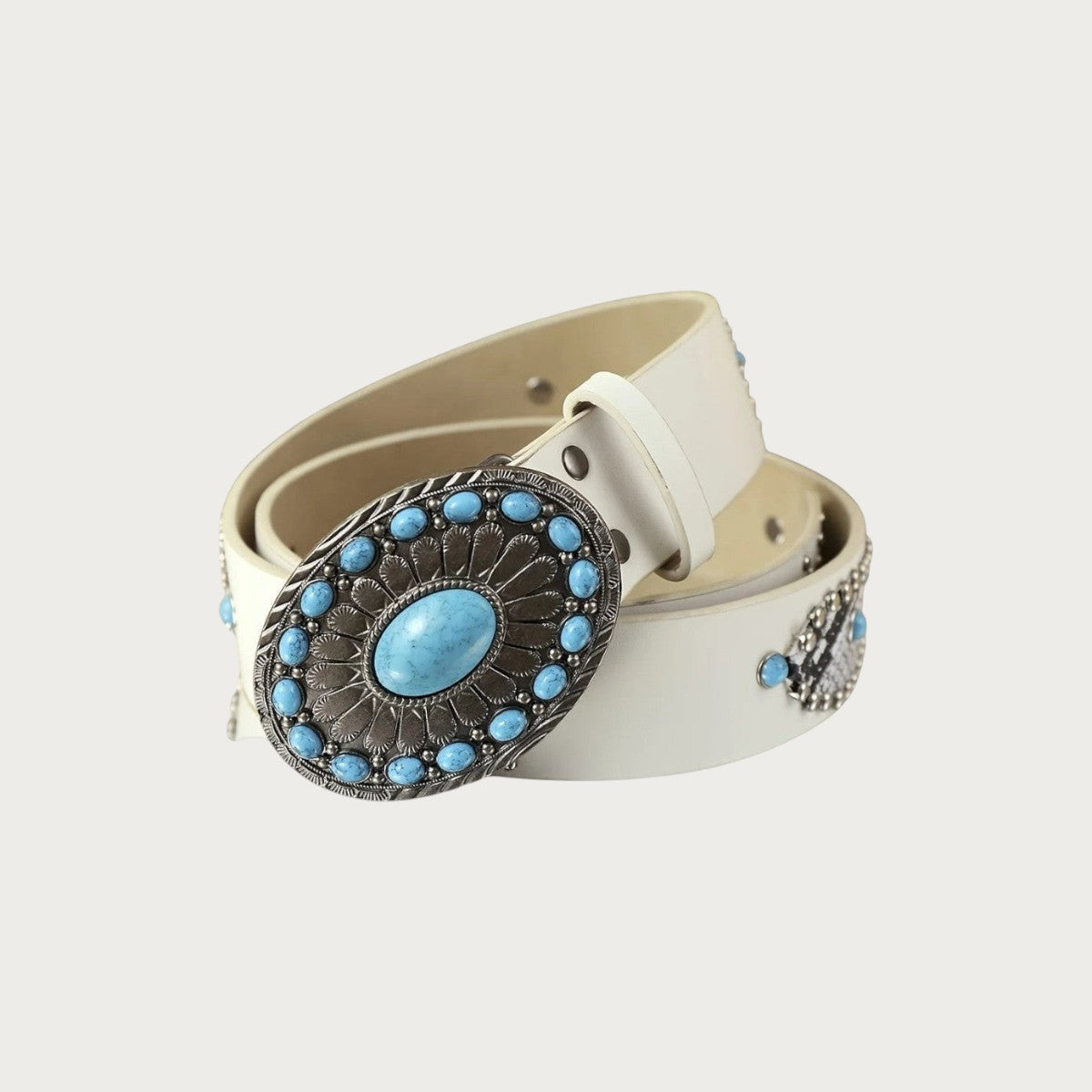 Ceinture western Ceintura blanche en similicuir avec boucle ovale ornée de cabochons turquoise et détails dorés Image