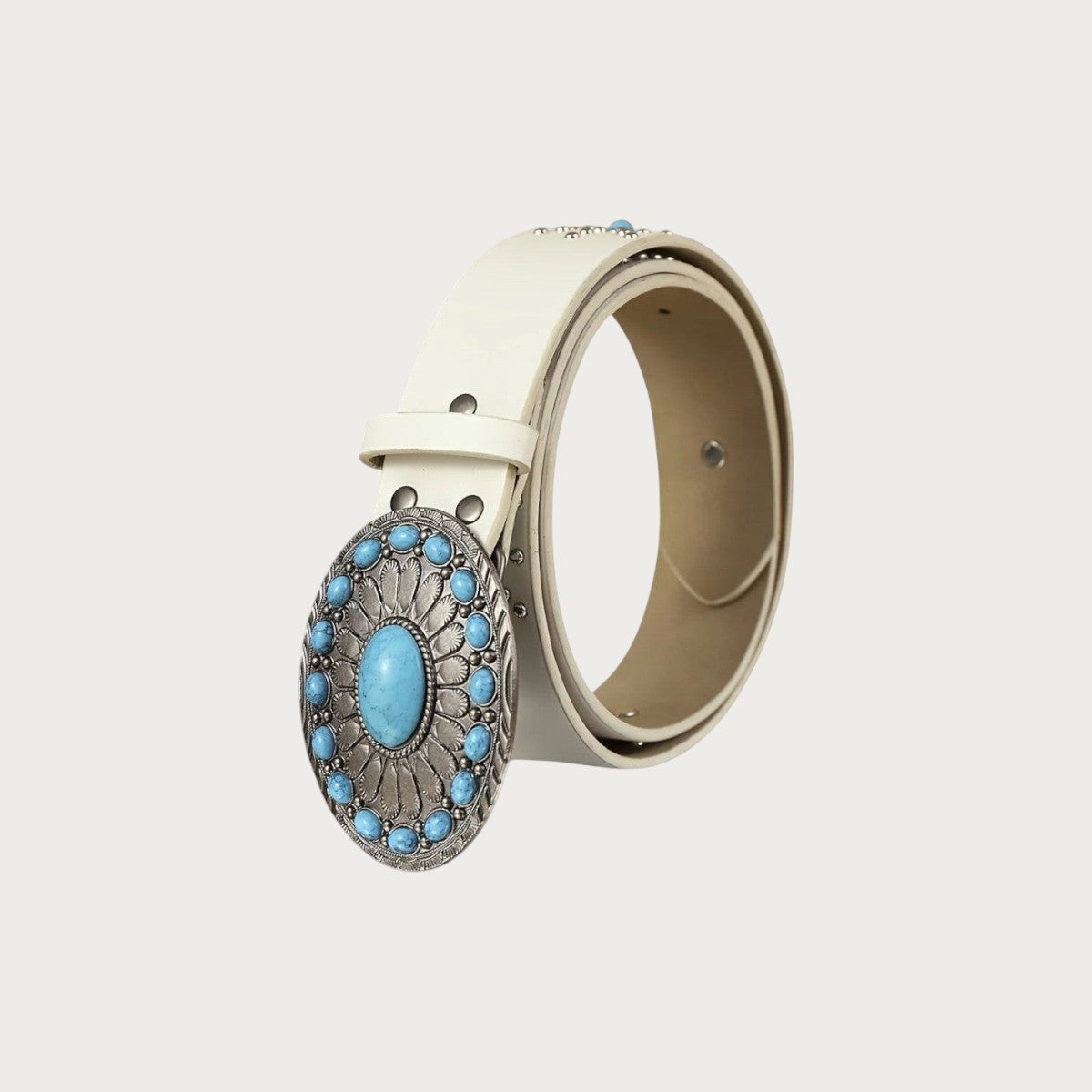 Ceinture western Ceintura blanche en similicuir avec boucle ovale ornée de cabochons turquoise et clous dorés