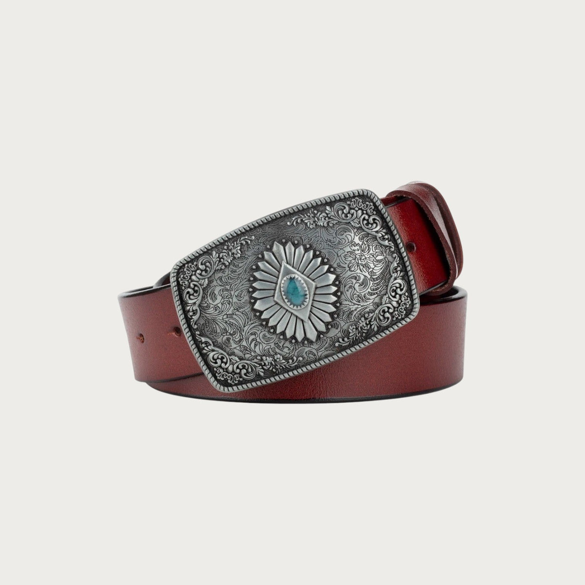 Ceinture Ceintura en cuir bordeaux avec boucle western rectangulaire argentée ciselée et pierre turquoise centrale