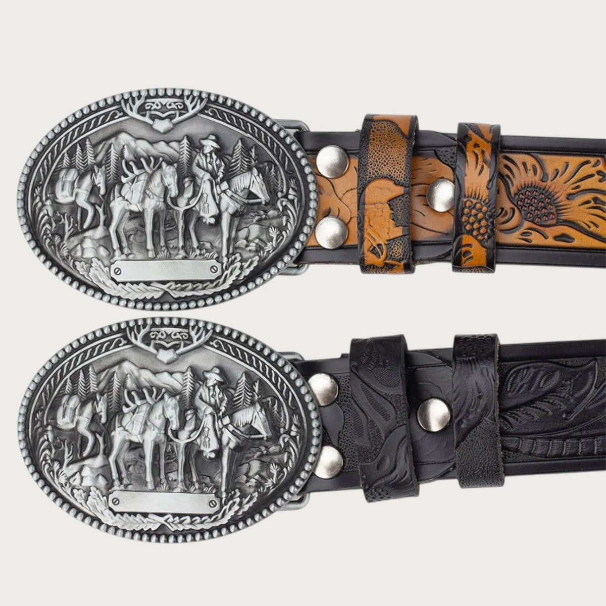 Ceinture western Ceintura en cuir gaufré avec boucle ovale en argent vieilli gravée de cavaliers