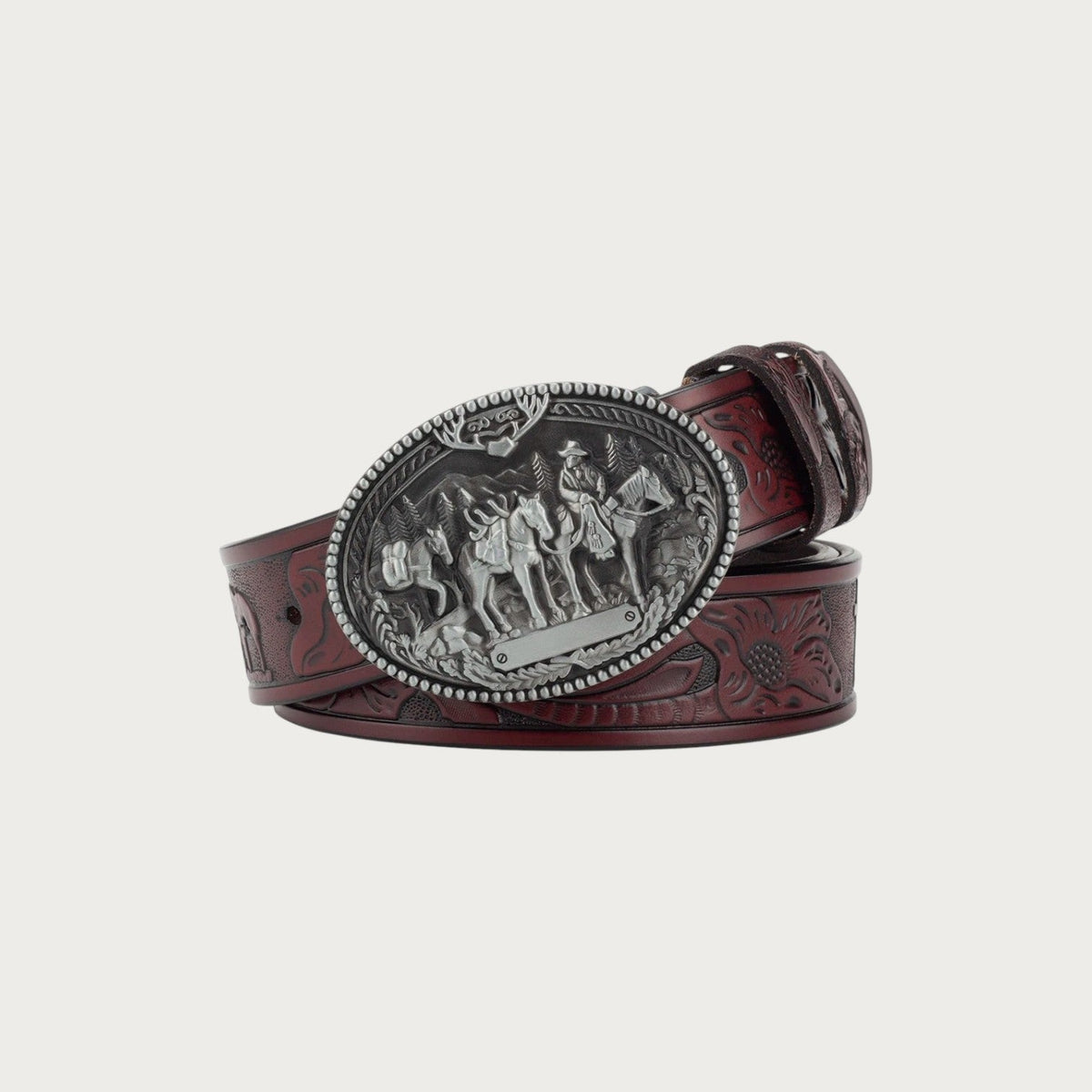 Ceinture western Ceintura en croûte de cuir marron avec boucle ovale argentée gravée de cavaliers