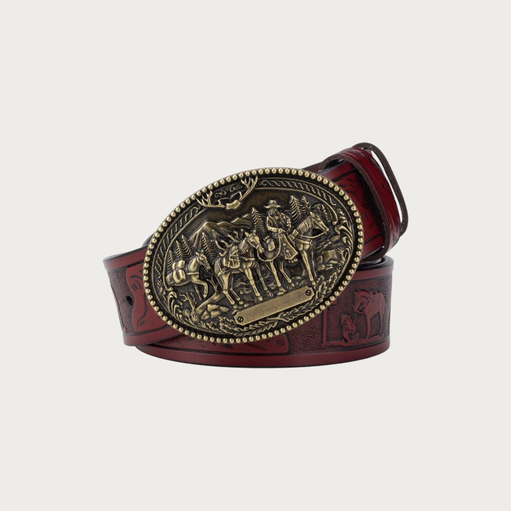 Ceinture western Ceintura en cuir marron avec boucle ovale en bronze patiné gravée d'une scène de cavaliers