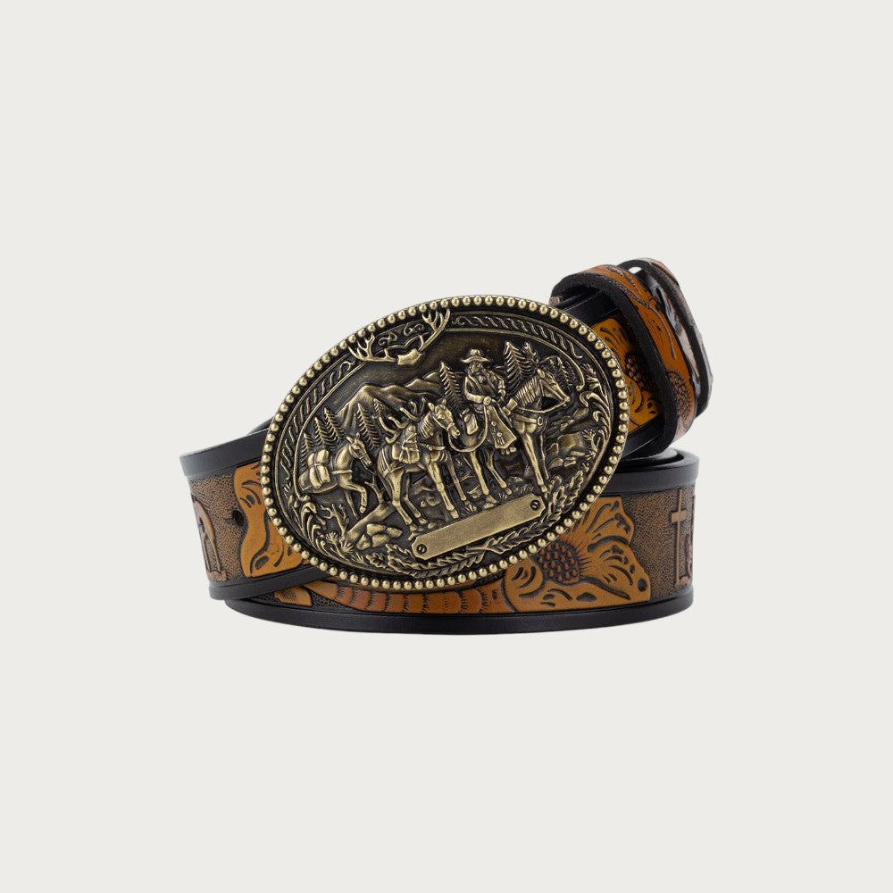 Ceinture western Ceintura en croûte de cuir marron avec boucle ovale en bronze patiné gravée de cavaliers