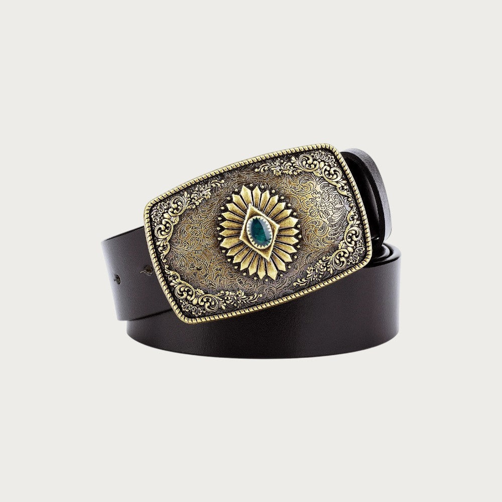 Ceinture Ceintura Taranto en cuir marron avec une large boucle western dorée ciselée et une pierre turquoise centrale