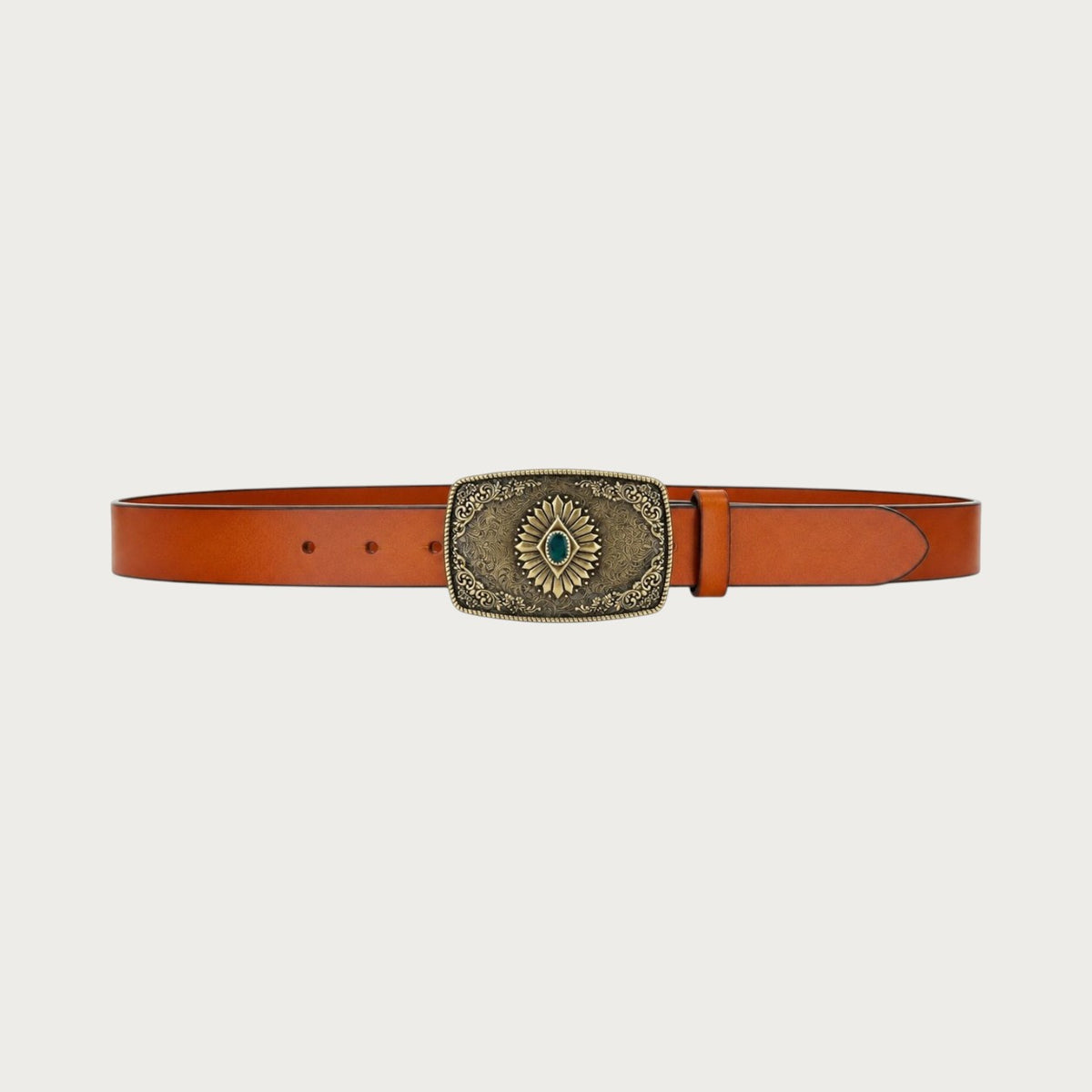 Ceinture western Ceintura Taranto en cuir cognac déployée à plat, boucle dorée ciselée à pierre turquoise