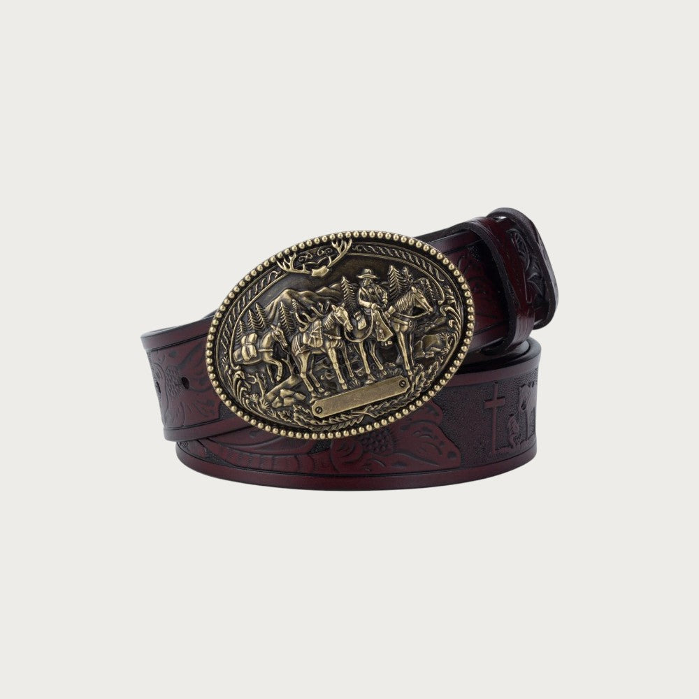 Ceinture western Ceintura en cuir marron gaufré avec une grande boucle ovale en bronze patiné à motif de cavaliers.
