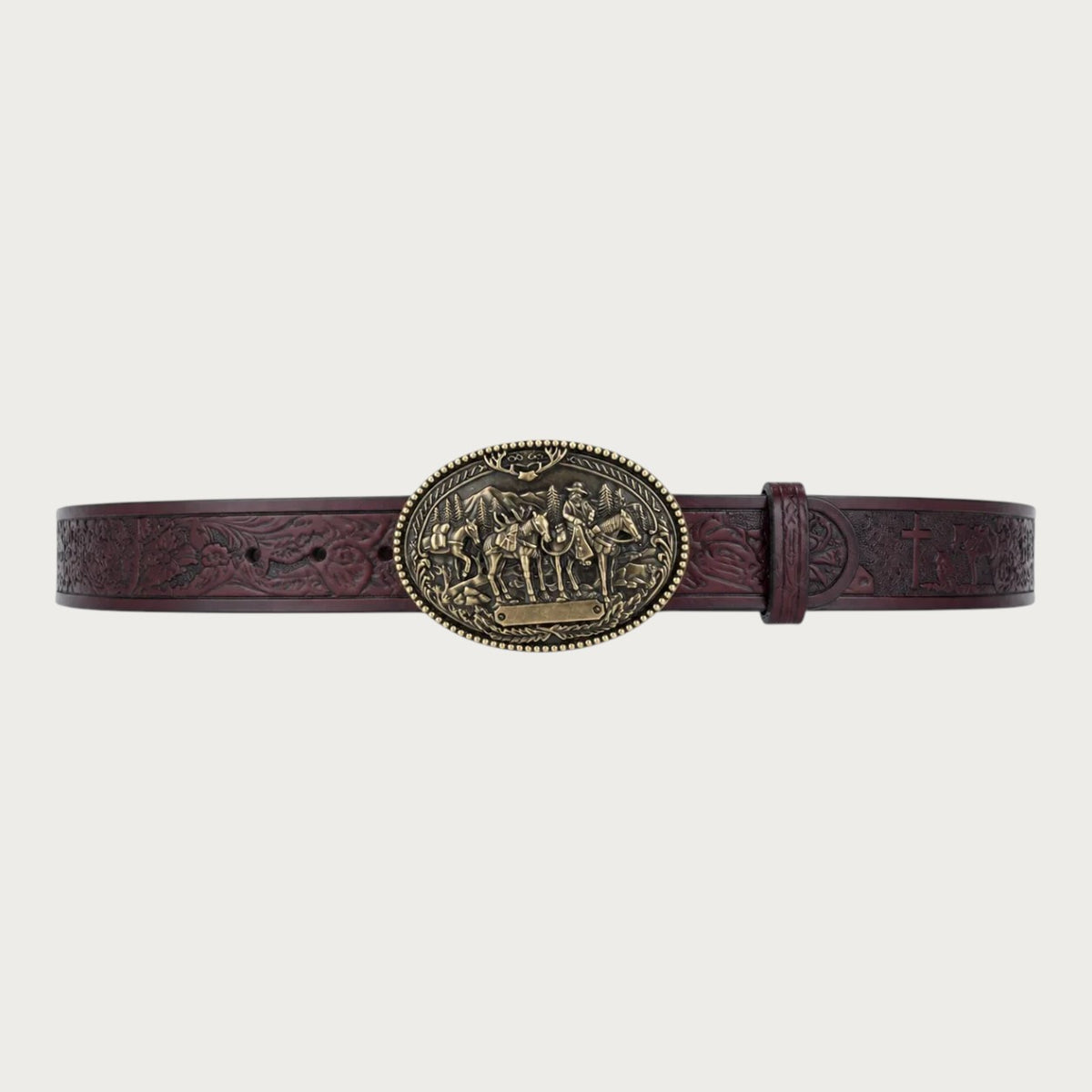 Ceinture western Ceintura en croûte de cuir marron avec boucle ovale en bronze patiné à motif de cavaliers