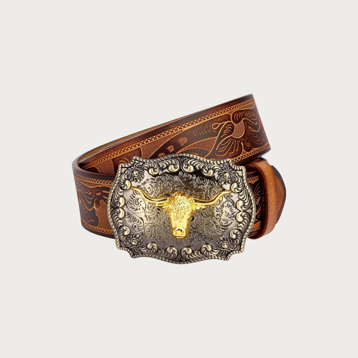 Ceinture western Ceintura en cuir marron avec boucle ovale argentée et tête de buffle dorée à motifs floraux