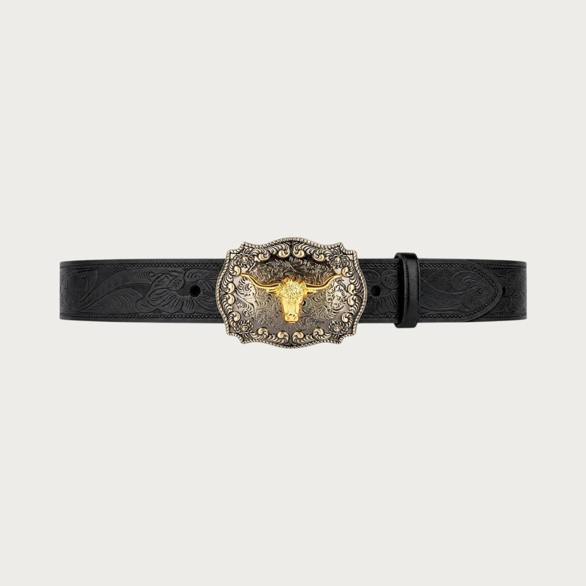 Ceinture western Ceintura en cuir noir gaufré avec boucle ovale argentée et tête de buffle dorée