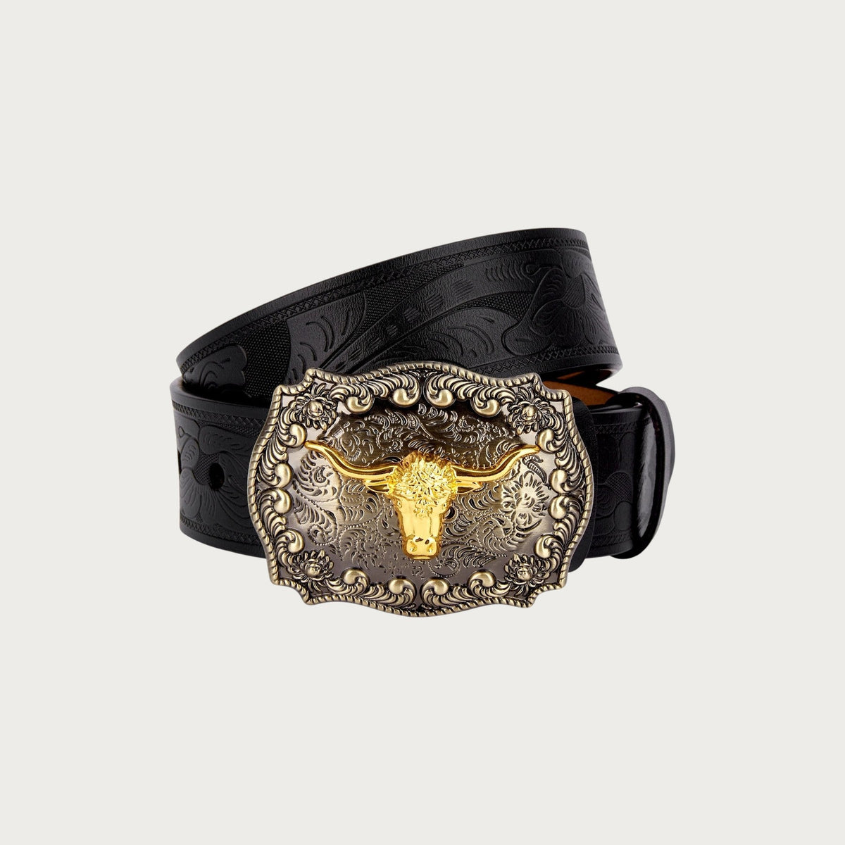 Ceinture western Ceintura en cuir noir avec boucle ovale ciselée, motif buffle doré et détails floraux en relief Image