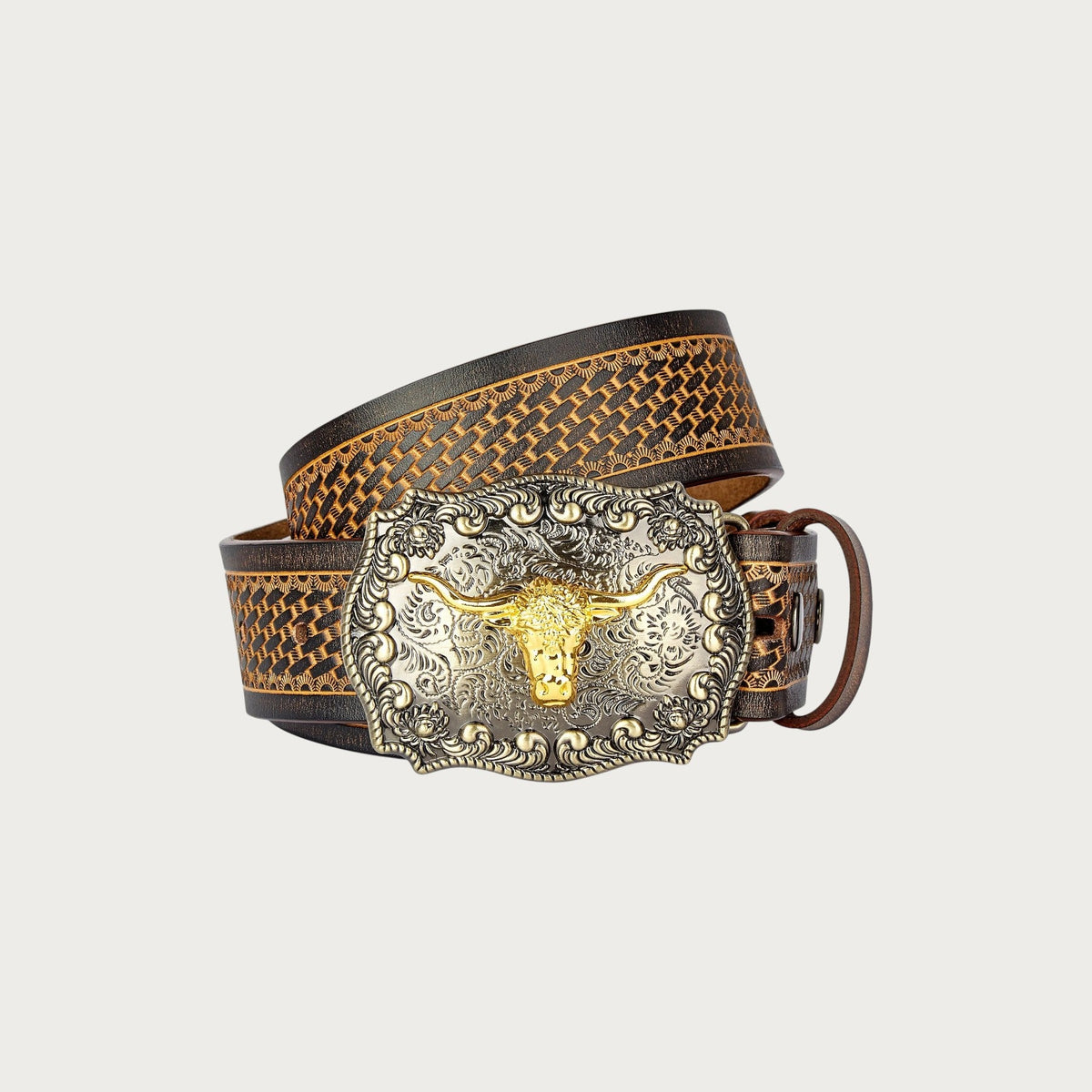 Ceinture western Ceintura en cuir marron avec boucle ovale ciselée et motif tête de buffle dorée