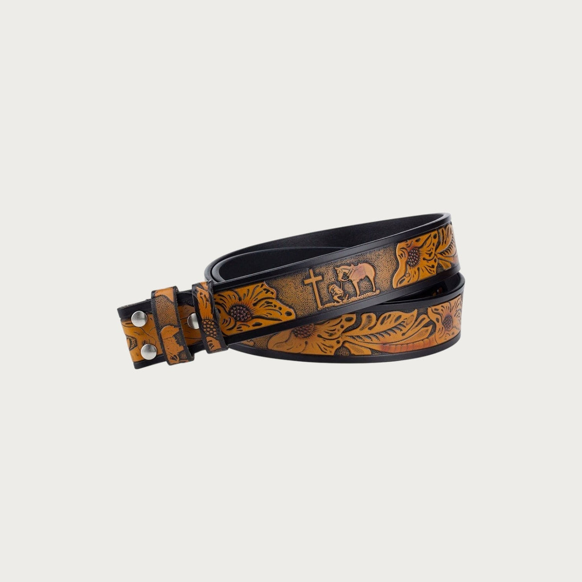 Ceinture western Ceintura pour homme en croûte de cuir marron avec motifs gravés et croix style cowboy