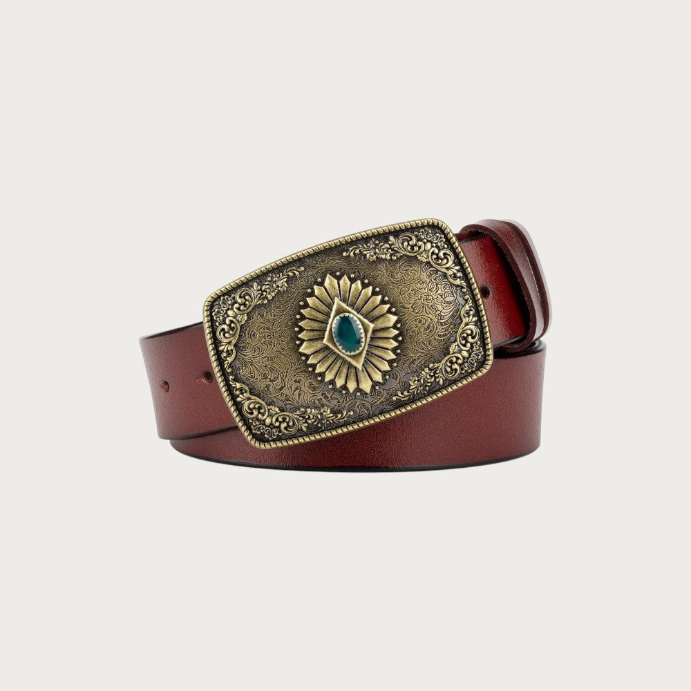 Ceinture Ceintura Taranto en cuir marron avec une large boucle western dorée ciselée et pierre turquoise centrale.