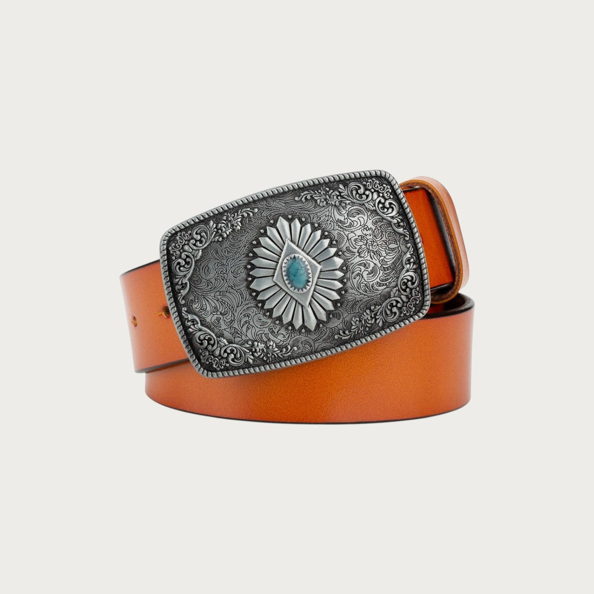 Ceinture western Ceintura en cuir marron avec une large boucle rectangulaire argentée ciselée et pierre turquoise