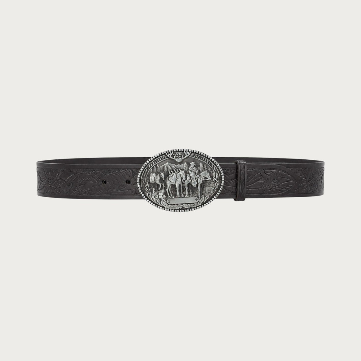 Ceinture western Ceintura en croûte de cuir noir avec boucle ovale argentée gravée d'une scène de cavaliers