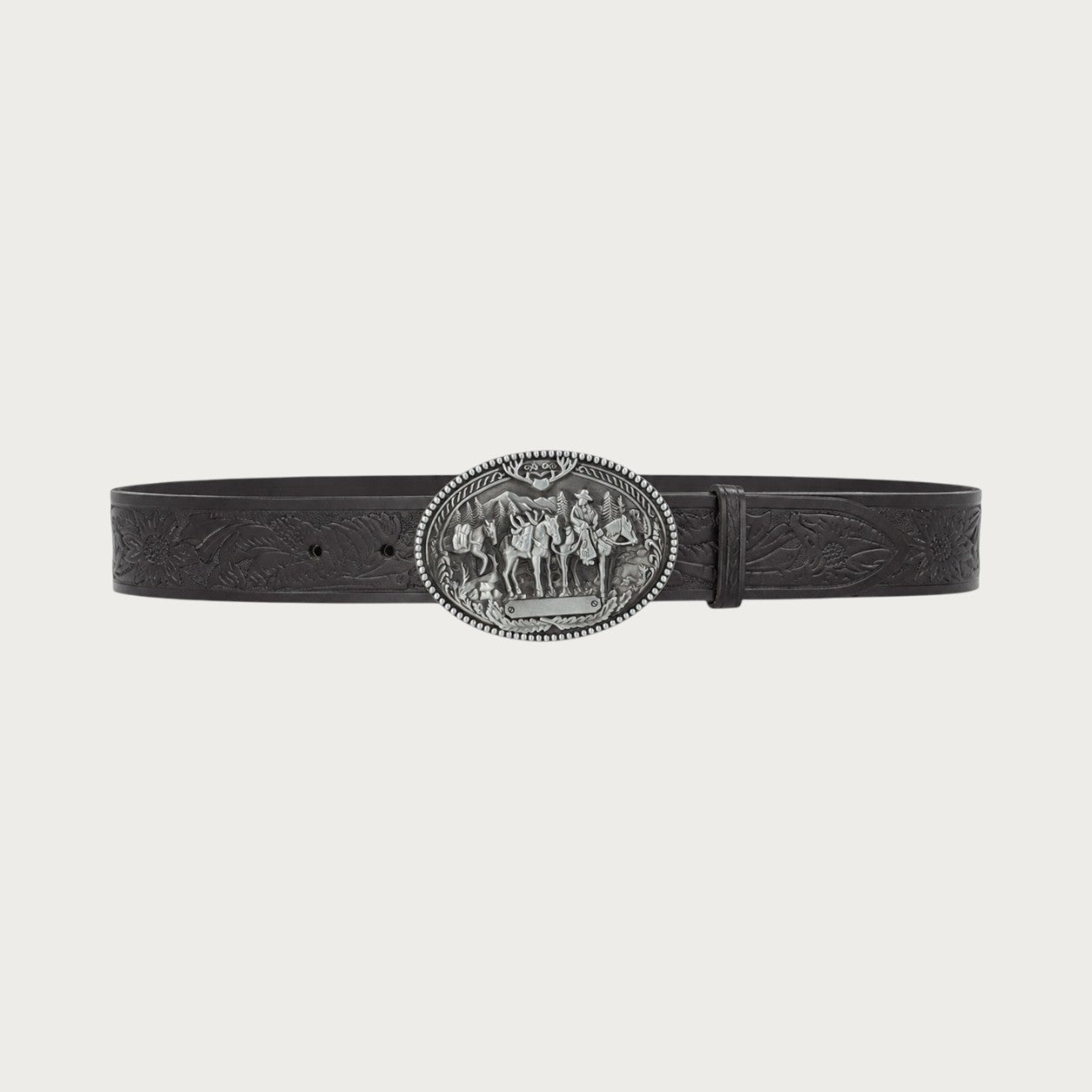 Ceinture western Ceintura en croûte de cuir noir avec boucle ovale argentée gravée d'une scène de cavaliers Image