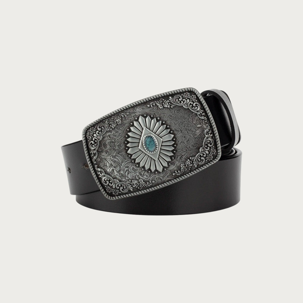 Ceinture western Ceintura en cuir noir avec grosse boucle rectangulaire argentée ciselée et pierre turquoise centrale