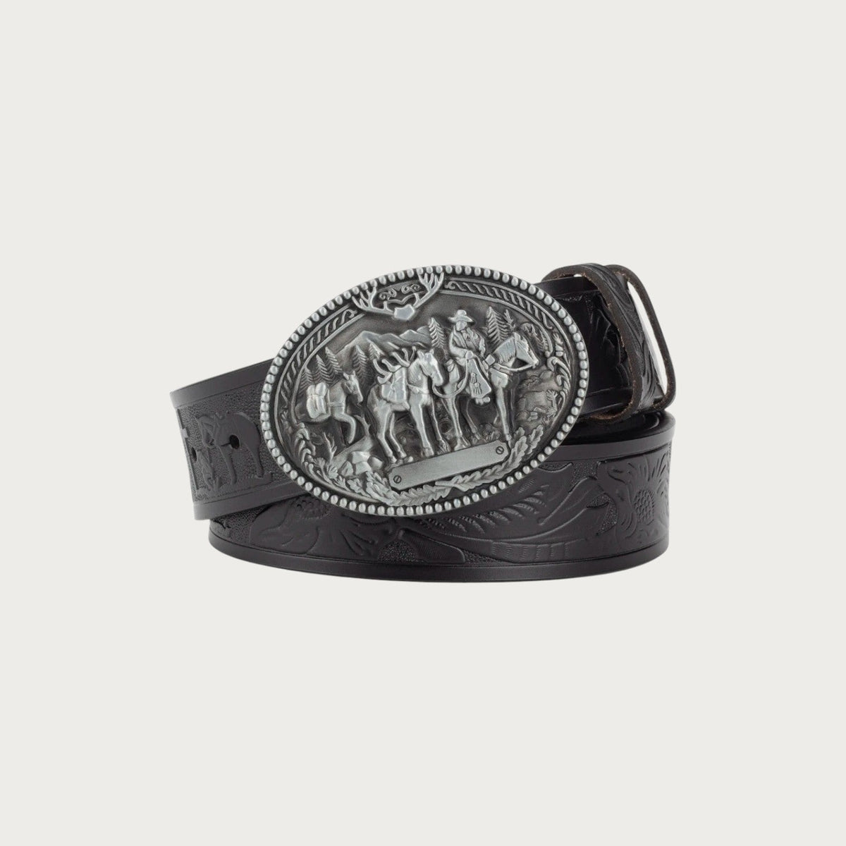 Ceinture western Ceintura en croûte de cuir noir avec boucle ovale argentée gravée de cavaliers
