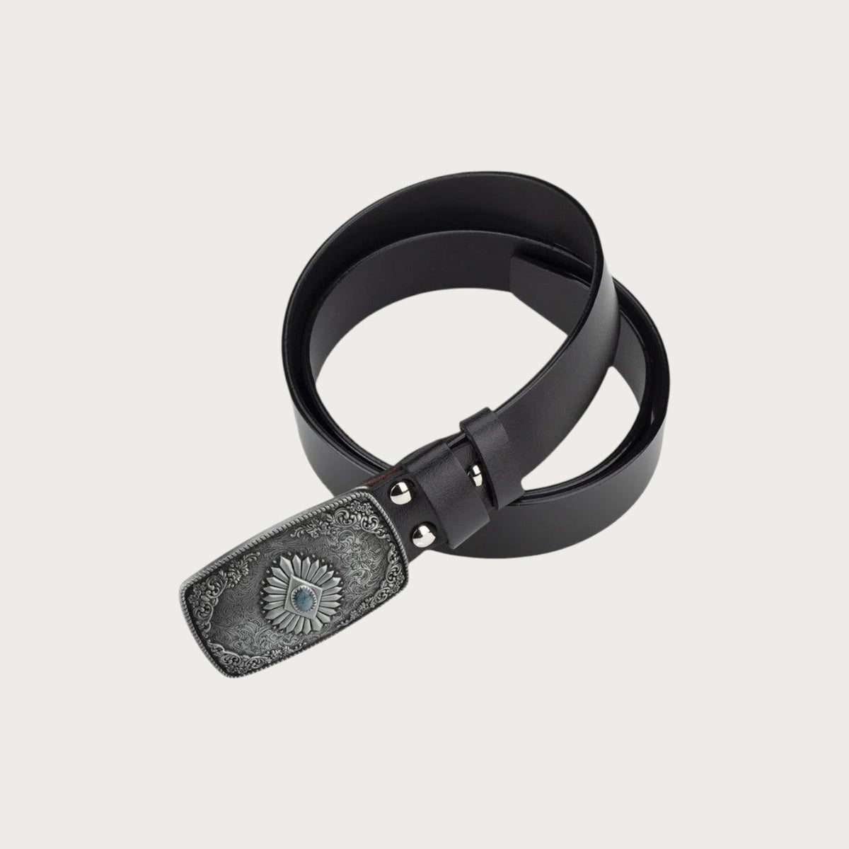 Ceinture western Ceintura en cuir noir avec boucle rectangulaire argentée ciselée et pierre turquoise centrale