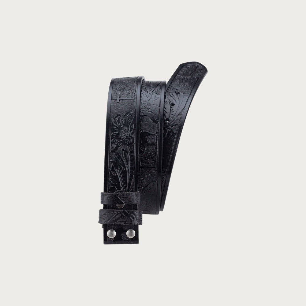 Ceinture western Ceintura en cuir noir gaufré avec motifs arabesques et croix, style cowboy robuste