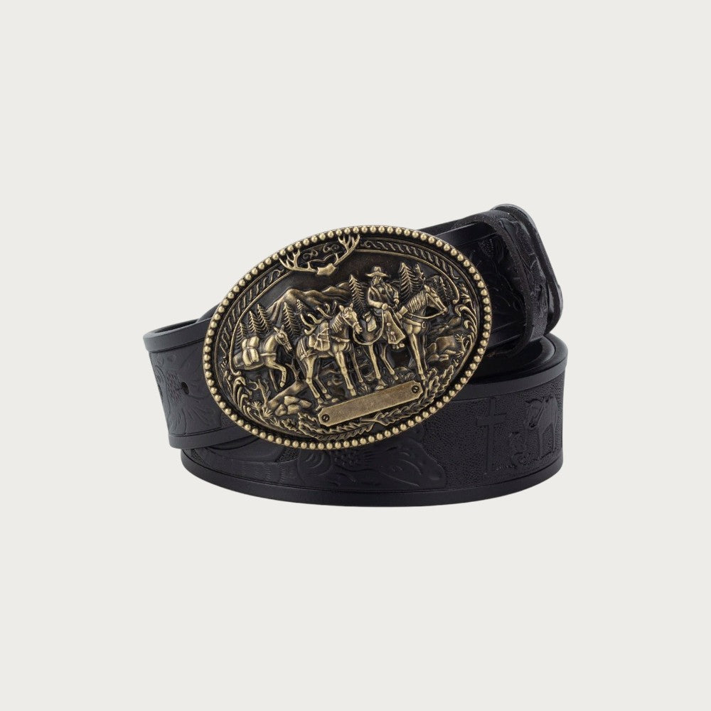 Ceinture western Ceintura en cuir noir avec boucle ovale en bronze patiné représentant une scène de cavaliers