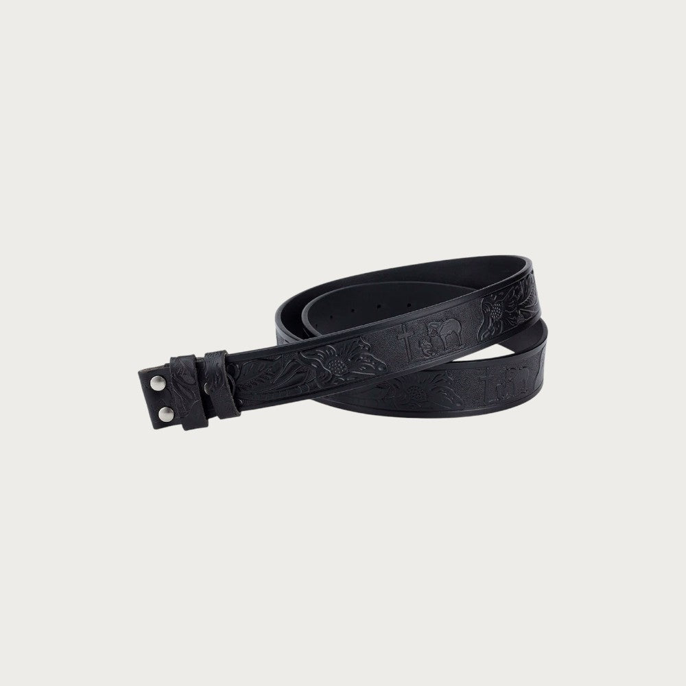 Ceinture Ceintura Rovigo noire en croûte de cuir avec motifs gaufrés d'arabesques et de croix style western