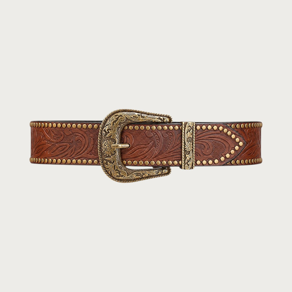 Ceinture western unisexe en cuir PU marron avec boucle gravée florale vintage et détails cloutés