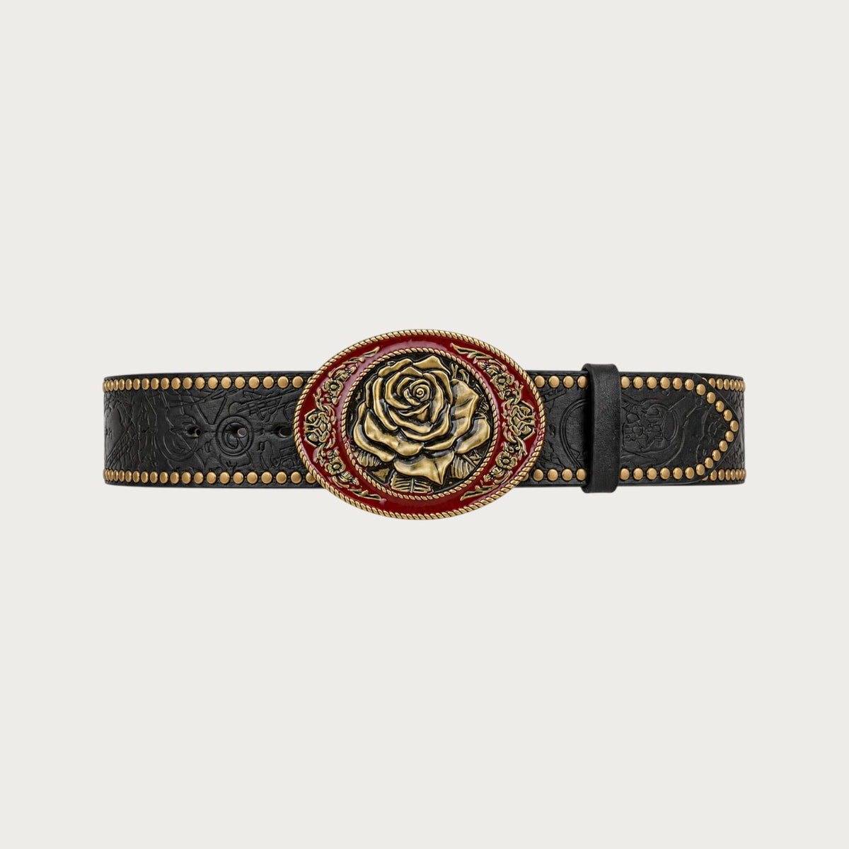 Ceintura ceinture western en cuir PU noir avec boucle ovale ornée d'une rose dorée et rouge gravée
