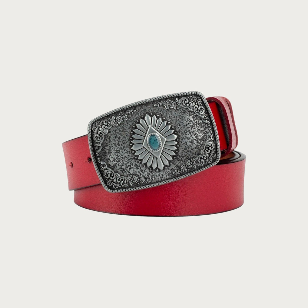 Ceinture Ceintura Caserta en cuir rouge avec boucle western rectangulaire argentée ciselée et pierre turquoise