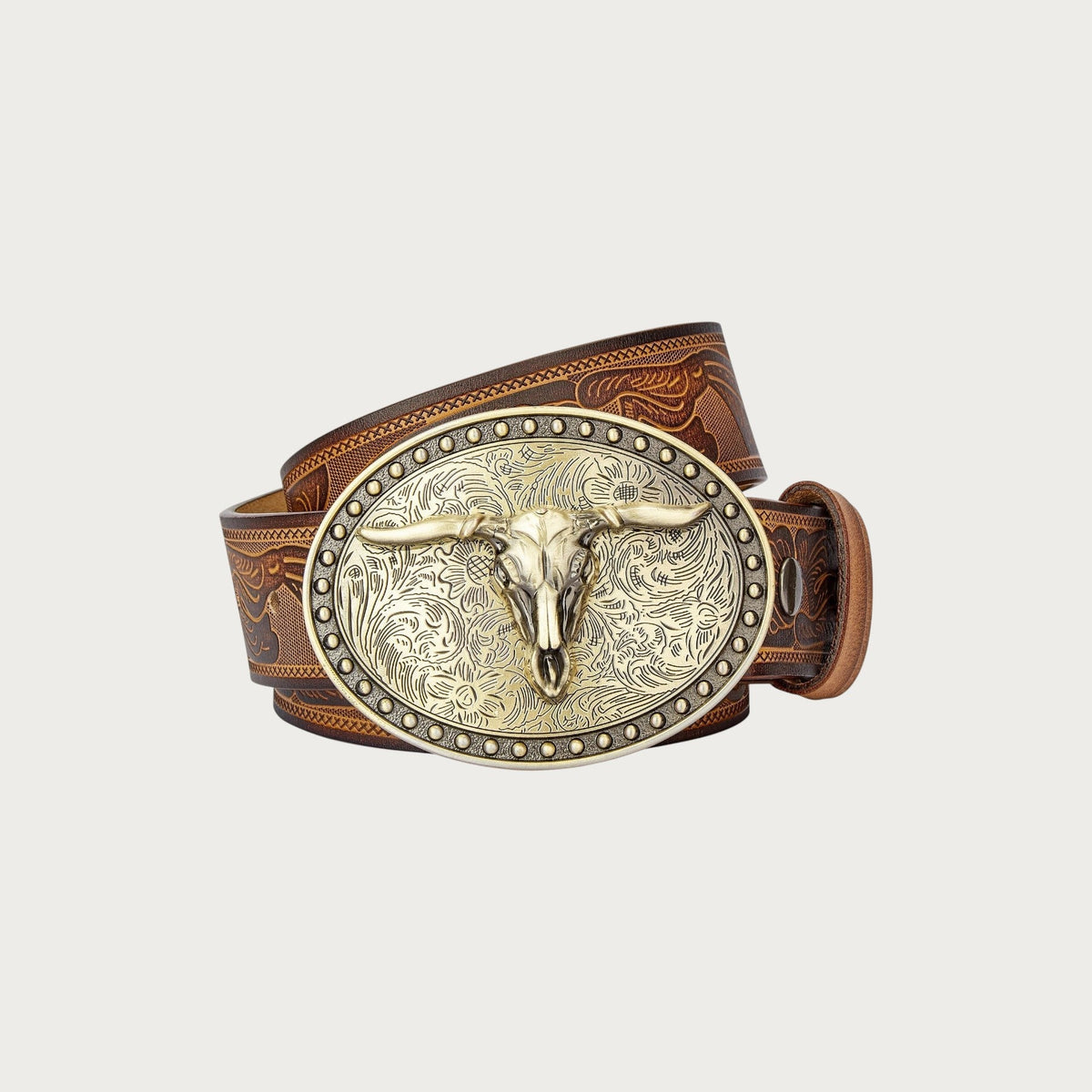 Ceinture western Ceintura en cuir marron gaufré avec boucle ovale dorée ornée d'une tête de taureau gravée